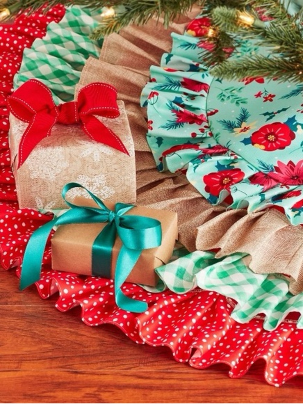 The Pioneer Woman Floral & Polka Dot Ruffled Tree Skirt in Teal, Red, and Green